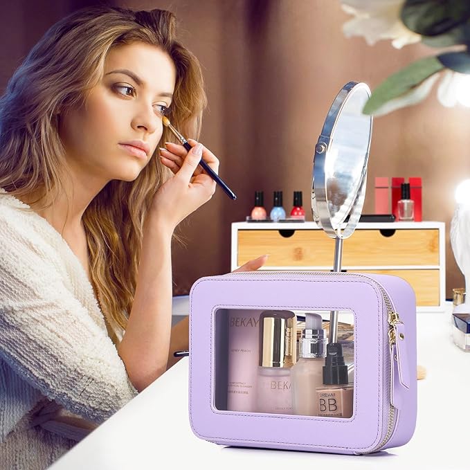 Pinkmik Clear Makeup Bag Waterproof Travel Case for Cosmetics and Toiletries Women's Purse Organizer and Clear Car Bag with Zipper (X/Purple, L+M+MINI)