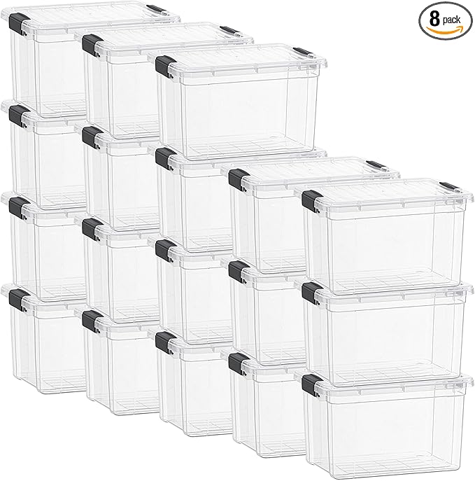 Superio Clear Storage Boxes with Lids, 49 Quart Plastic Container Bins for Organizing, Stackable Crates, BPA Free, Non Toxic, Odor Free, Organizers for Home, Office and Dorm, 8 Pack