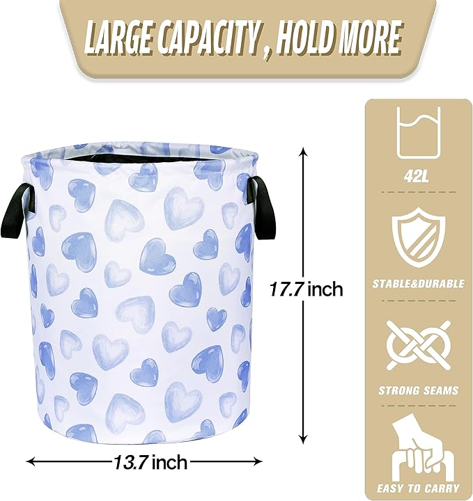 Blue Heart Laundry Basket Funny Cartoon Foldable Oxford Cloth Tote Bag Laundry Hamper Clothes Storage Bucket Organizer For Bathroom/Laundry Storage/Bedroom Storage Basket 17.7x13.7Inch