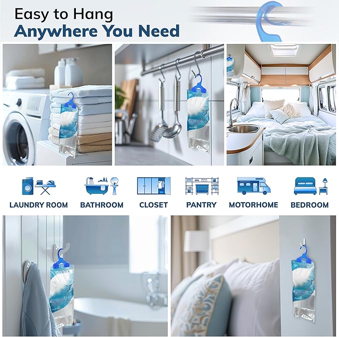 Hanging Moisture Absorber Bags, Dehumidifier Bags for Closet, Wardrobe and Laundry Room, Reduce Moisture, Odors, and Dampness, Long-Lasting Humidity Control, 16.9 oz per Bag (Pack of 10)