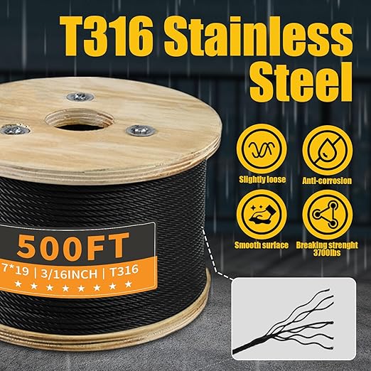 T316 Black 3/16“ Stainless Steel Cable 500ft Wire Rope 7x19 Strands Marine Grade Aircraft Cable 3700lbs Breaking Strength, Cable for Stair Fence Porch Deck Cable Railing, Clothesline & Yard Zipline