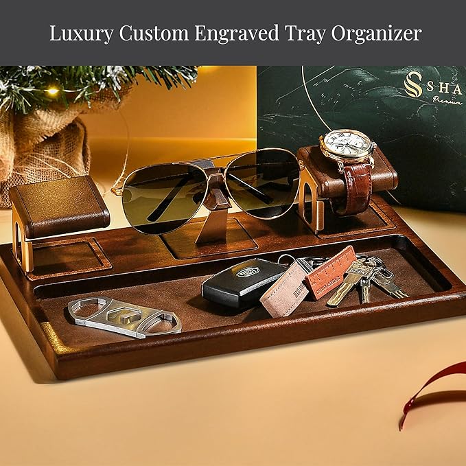 Shanik Engraved Men’s Valet Tray – Acacia Wood Catch All Organizer for Nightstand & Dresser Top, Custom Personalized Gift for Him, Groomsmen, Birthday, Father’s Day, Minimalist Men’s Storage Tray