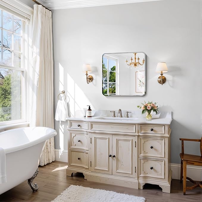 CILIBER Beveled Frameless Mirror, 18x18 Square Bathroom Mirror Rounded Corner, 18 inch Frameless Vanity Mirror, Shatterproof Lightweight Design Wall Mirror for Bedroom Living Room Entryway