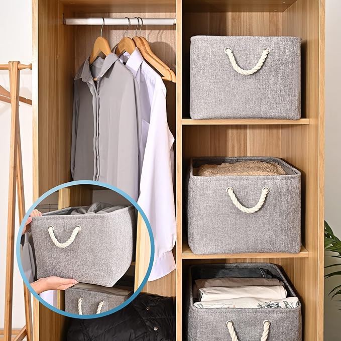 HOdo Home 3PCS Storage Bins, Fabric Bin with Drawstring Closure and 2 Bold Handles, Collapsible Large Canvas Baskets for Organizing Shelf Nursery Home Closet (15.8×11.8×9.5 In, Grey)