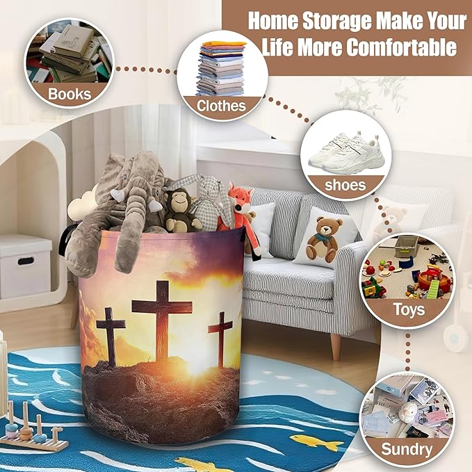 Cross Mountain Sunset Laundry Baskets,Laundry Hamper,Storage Basket with Handles for Bathroom Bedroom College Dormitory Living Room Nursery Organizer 16"x20.8"