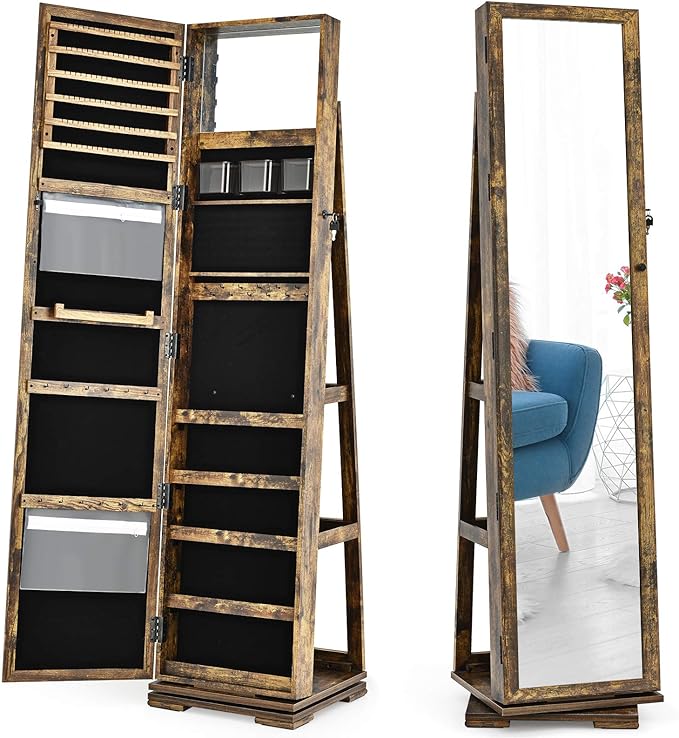 CHARMAID 360° Swivel Jewelry Armoire with Higher Full Length Mirror, Standing Lockable Jewelry Cabinet Organizer, Large Storage Capacity, Inside Makeup Mirror, Back Storage Shelves (Rustic Brown)