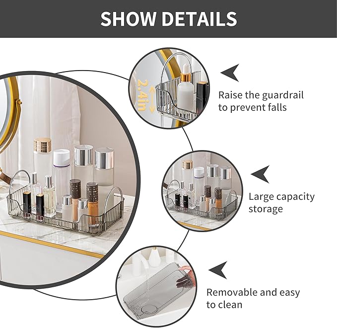 YCIA&DONE Bathroom Organizer Countertop, Makeup Storage, Skincare Cosmetic Tray Shelf, Perfume Holder Rack for Vanity Counter, Large Capacity, Easy to Install, Clean, 1 Tier, Smoky Gray