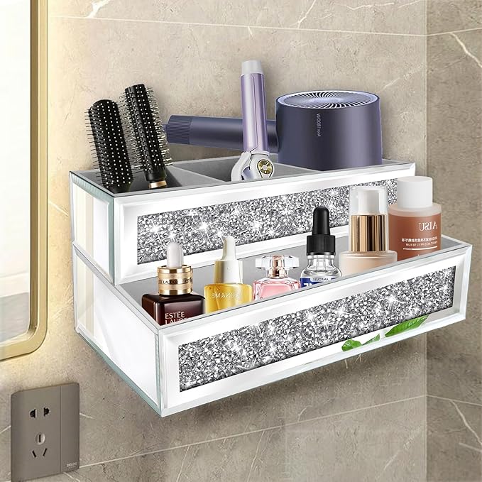 Mirror Hair Dryer Holder Upgrade Crystal Crush Diamond Hair Tool Organizer Wall Mount. Silver Bathroom Cabinet Tray for Blow Dryers, Hairdryer Straightener, Makeup,Brushes .(10.5”x7”x5”)