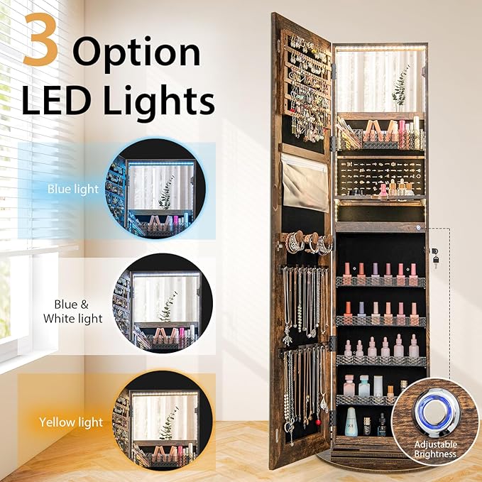 GOFLAME 360° Swivel Jewelry Cabinet Armoire with Full Length Mirror, Standing Jewelry Storage Organizer with Rear Storage Shelves, 3-Color LED Lights, Foldable Shelf, Interior Mirror, Rustic Brown