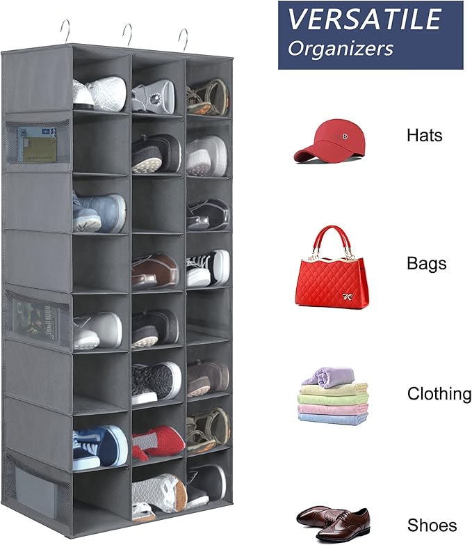 coastal rose Hanging Shoe Organizer for Closet, 24 Sections Shoe Holder Hanger Rack, Space-Saving Shoe Organizers and Storage, Grey