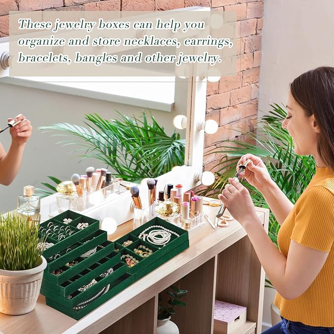Junkin 18 Pcs Velvet Jewelry Tray Stackable Jewelry Drawer Organizer Jewellery Box Divided Display Tray for Earring Bangle(Dark Green)