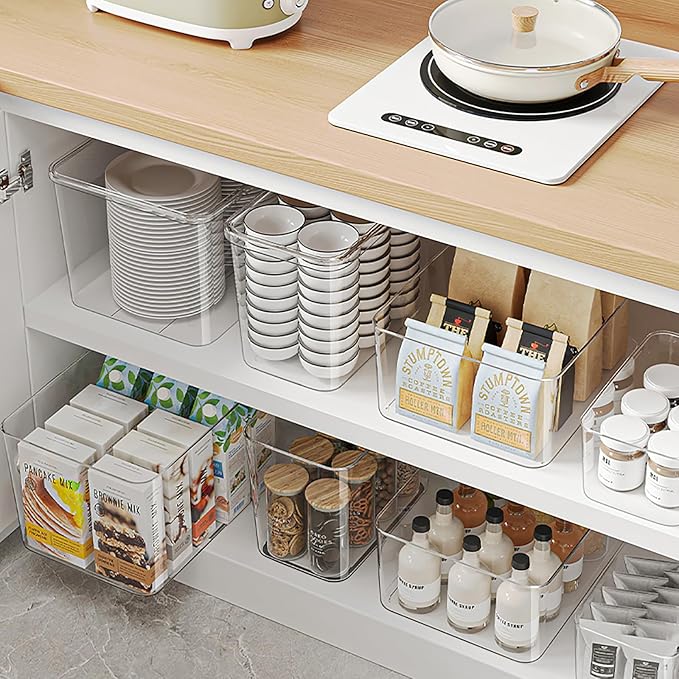 4 Large Lidded Plastic container, Clear Stackable Storage Boxes for Cabinets, Organization and Storage for Shelves Office Bathroom
