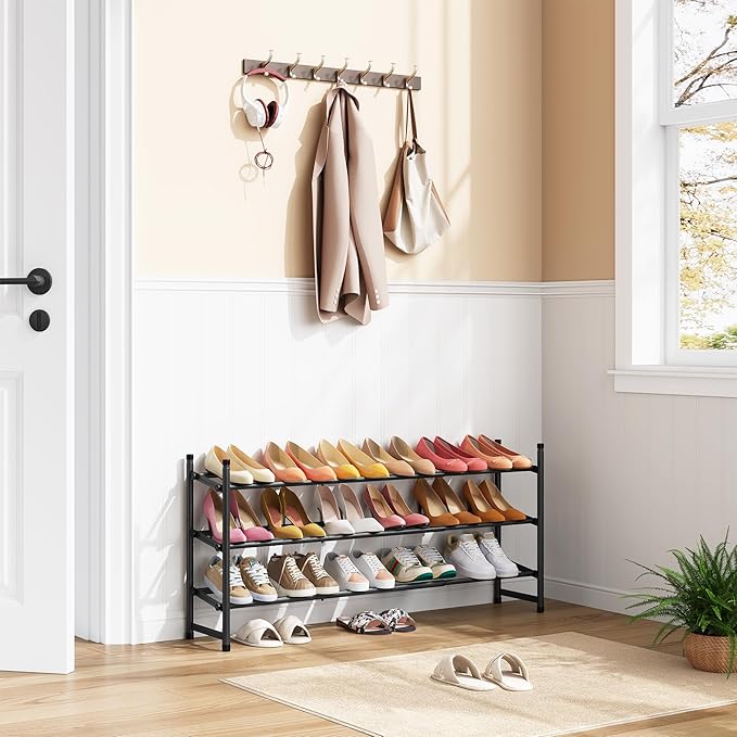 Tajsoon Expandable Shoe Rack for Closet 3 Tier, 28“-41“Adjustable & Stackable Shoe Shelf Storage, Metal Shoe Rack Organizer for Front Door Entrance, Closet, Garage, Entryway, Black