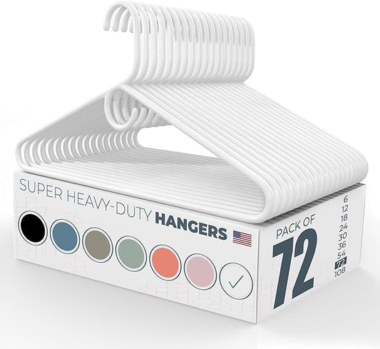 Neaties Super Heavy Duty Clothes Hangers 50+ Pack (72 Count) – Made in The USA - 10lb Capacity, Thick Plastic Hangers for Pants, Coats, Jackets, Jeans and Adult Clothing – White