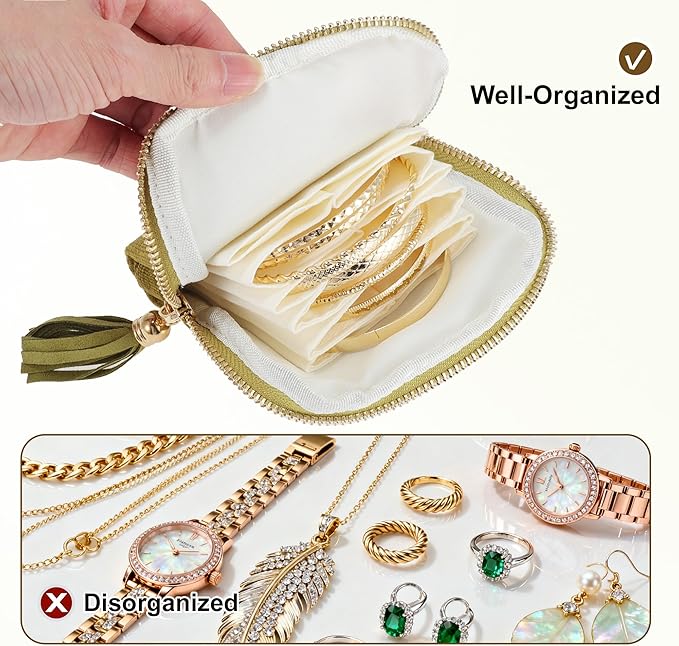 VOCOSTE Travel Jewelry Case, Portable Jewelry Organizer with 6 Independent Layers, Small Pouch Bag for Necklace Bracelet Rings Earring Storage, Women Gift Idea, Green