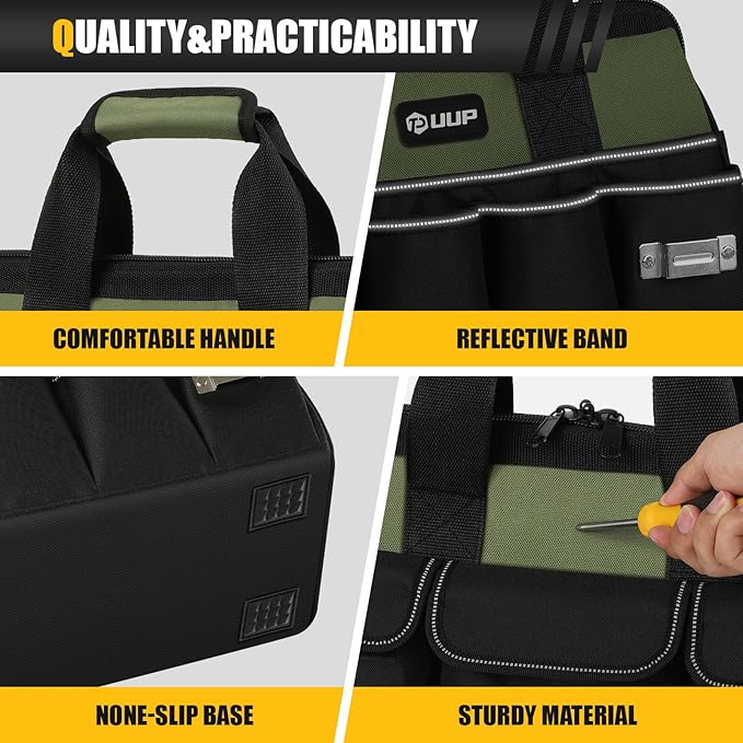 Heavy Duty Tool Bag 15-Inch, 16-Pocket Portable Empty Tool Box Organizer, Big Storage Toolbox Organization, Soft Handle Large Zipper Carrying Toolbag, Valentines Day Gifts for Him Dad Men, Green