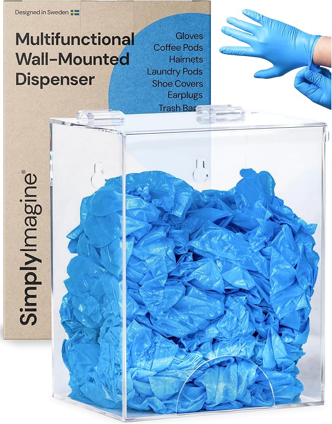 Clear Acrylic Glove Dispenser - Storage Wall Mount Storage for Hairnets, Masks, and Laundry Pods - 8.25" H x 6.5" W x 5" Holder for Estheticians and Home - Hardware Included
