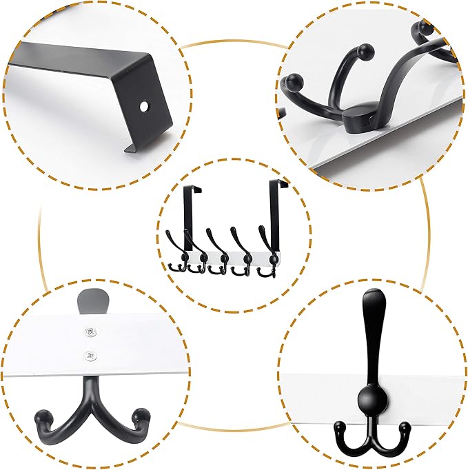 SKOLOO Over The Door Hook - for Doors up to 1-3/4'' Thickness, Metal Door Hanger with 5 Triple Hooks, Black on White Over The Door Hanger for Coats, Hats, Towels, Assembly Required