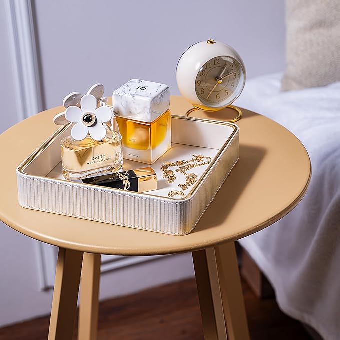 ZHEM Catch All Trays for Jewelry| Small Leather Valet Tray| Key Bowl for Entryway Table EDC Trinket Tray Catch All| Perfume Trays for Dresser Organizer Perfume Holder (White 8"x8"x1.8" 2 Pack)