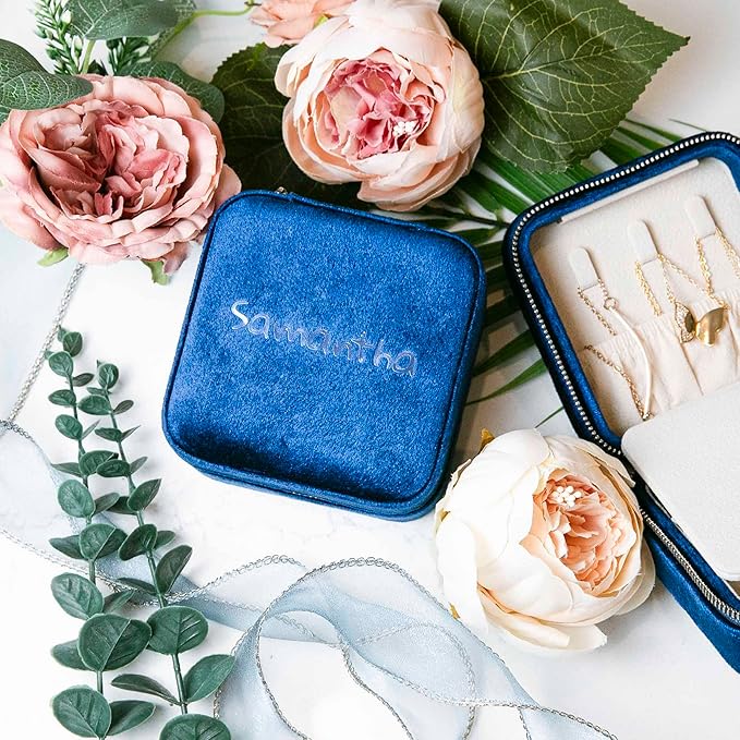 Customizable Compact Velvet Jewelry Box with Mirror, Travel Jewelry Case, Travel Jewelry Organizer, Jewelry Box for Women and Girls, Small Jewelry Organizer (Center Text, Winter Blue)