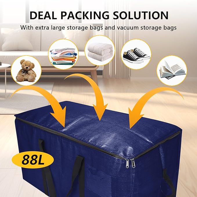 Extra Large Storage Bags Set Heavy Duty Moving Totes Strong Handles, Waterproof Dual-Way Carrying Design For Dorm Room Essentials,Christmas Storage bag(Blue,4 Moving bag & 10 Vacuum Seal Bags)