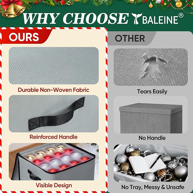BALEINE Christmas Ornament Storage Box with Dividers, Premium Holiday Ornaments Storage Container Bin for Xmas Decorations (64 Ball, Black, Soft)