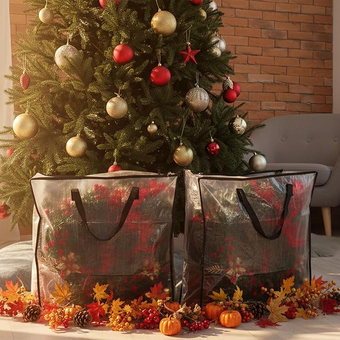 4 Pack Wreath Storage Bag, 26 Inches 90 L Wreath Storage Container, Reinforced Handles & Smooth Zippers, Foldable Large Storage Bags for Christmas/Seasonal Wreaths, Clothing, Bedding, Blankets, Toys