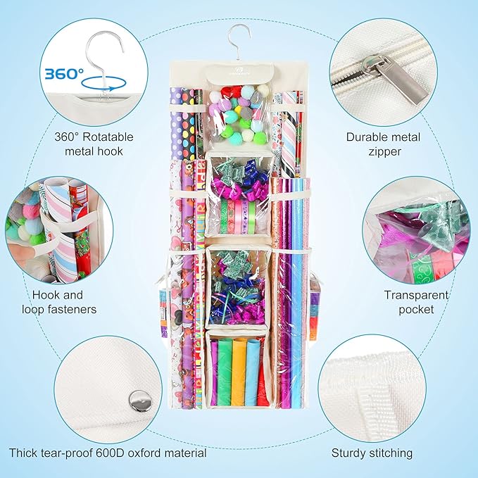 Freegrace Double Sided Hanging Gift Wrap Organizer | Large 16" x 41" Wrapping Paper Rolls Storage Bag | Tearproof & Space Saving Closet Gift Bag Organization Solution (Beige)