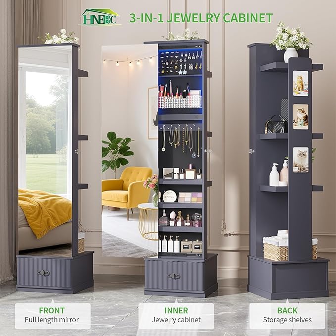 HNEBC Mirror Full Length with Stand, Jewelry Organizers and 4 Storage Racks, Jewelry Cabinet with Drawes,Ring-Necklace-Earring Holder, Jewelry Armoire with Lights for Bedroom/Cloakroom (Grey)