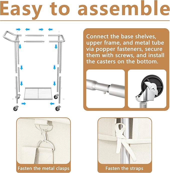 110L Large Laundry Hampers, Oxford Fabric Laundry Hampers Clothes Hampers, Metal Frame and Removable Bag Design with Wheels, Suitable for Bedroom, Bathroom, Dorm Room, Laundry Room (Silver Beige)