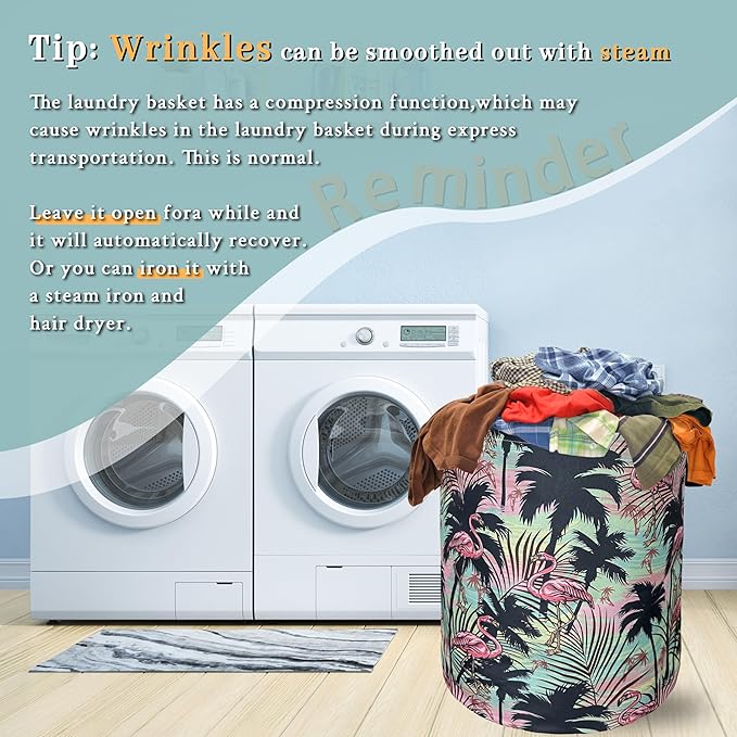 Pink Flamingo Laundry Basket With Handles Oxford Cloth Tote Bag Tropical Palm Trees Laundry Hamper 18.9" x 16.5" Foldable Clothes Storage Bucket Toy Organizer For Bathroom/Laundry/Bedroom