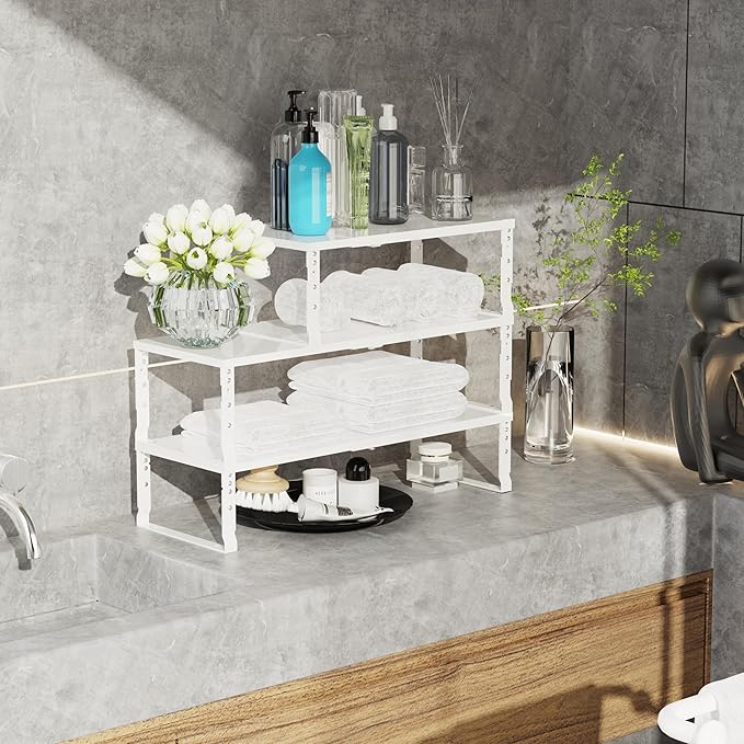 Expandable Stackable Spice Rack Organizer for Kitchen Cabinet,Adjustable Counter Shelf, countertop, Pantry,Cupboard,Bathroom,Bedroom(2Packs/White/Medium)