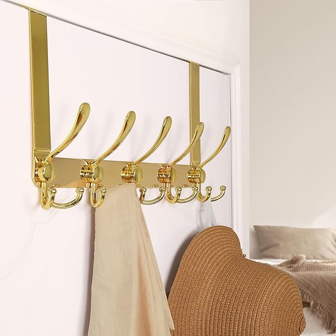 Dseap Over The Door Hook Hanger - Fits 1 3/8" to 1 3/4" Standard Doors | 5 Tri Hooks Heavy Duty Towel/Coat Rack | Door Organizer for Clothes, Jackets, Hats, Towels, Gold