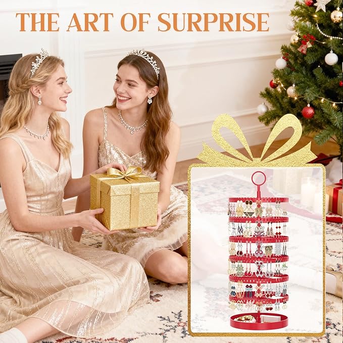 iDavosic.ly 6 Tier Rotating Earring Holder Organizer with Metal Tray, Adjustable Plastic Dangle Display Stands Tree with 342 Grooves, Large Hoop Storage Rack Tower, Red
