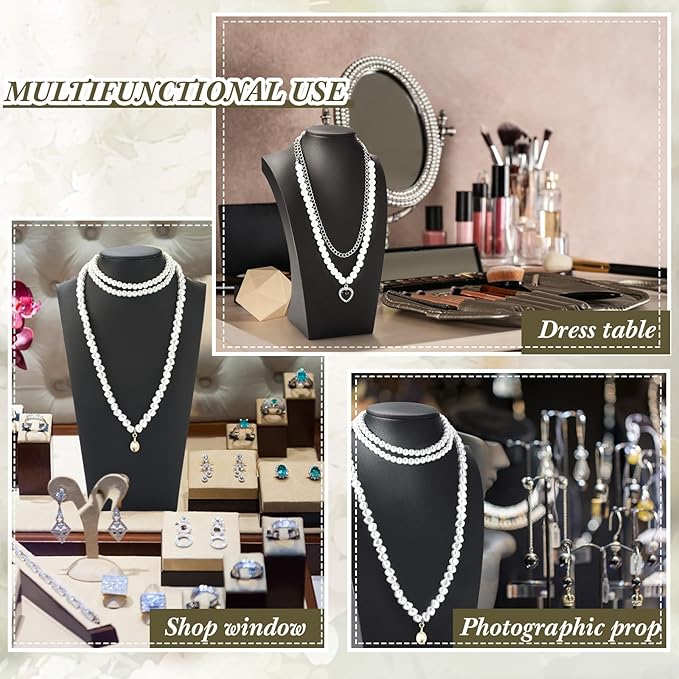 Kigley 3 Pcs Black PU Leather Jewelry Bust Display Necklace Display Stand Necklace Mannequin Holder for Jewelry Displays (9.8 x 3.0 x 5.7 Inches)