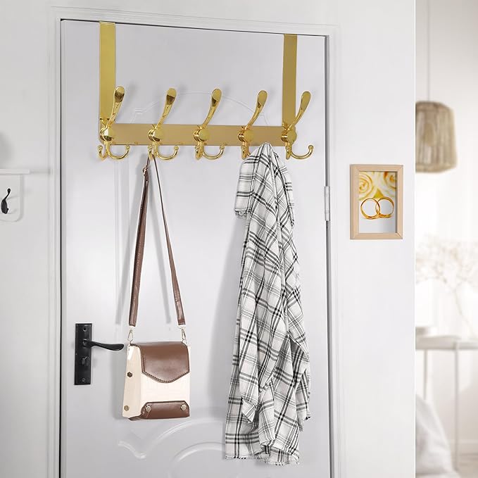 Dseap Over The Door Hook Hanger - Fits 1 3/8" to 1 3/4" Standard Doors | 5 Tri Hooks Heavy Duty Towel/Coat Rack | Door Organizer for Clothes, Jackets, Hats, Towels, Gold