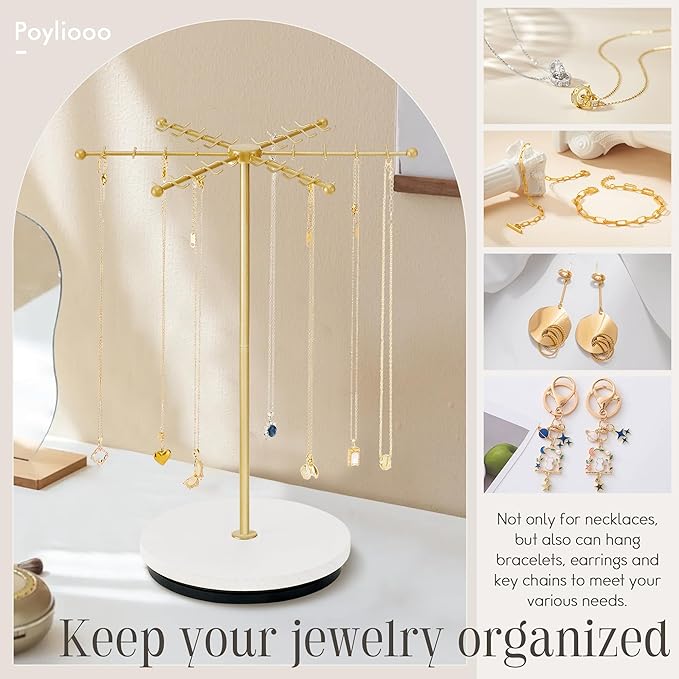 Necklace Holder Jewelry Stand, Rotating Necklace Holder Organizer with 48 Hooks for Necklace Earring Keychains Bracelet Display Stand, Metal Necklace Tree Stand -Women Gifts (Gold)
