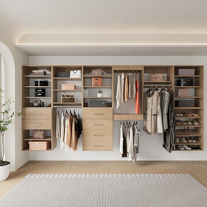 Double Hanging Closet Unit, Modular System Organizer With Storage for Walk-In Closets, Clothing Rack Wardrobe for Hanging Clothes, Bedroom, Wood, 31.5"W