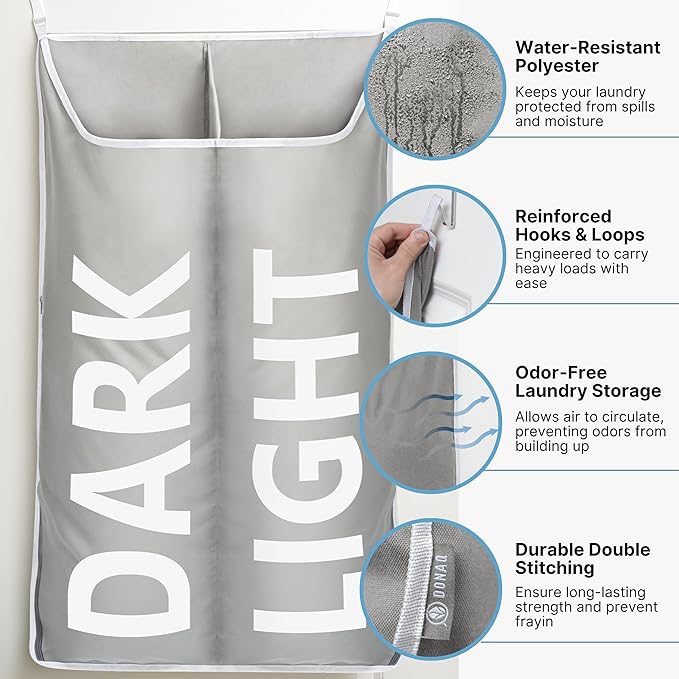 Hanging Laundry Hamper Bag XL, Space Saving over the Door Storage Bags, Behind the Door Hampers for Dirty Clothes & Wall Mounted Basket for Bathroom (Grey -2Pack, Double Compartment)