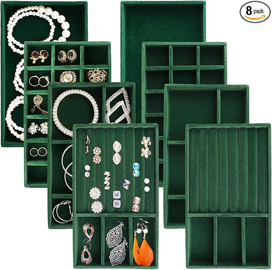 Jewelry Trays for Drawers, Set of 8 Stackable Velvet Jewelry Tray Inserts for Rings, Earrings, Necklaces, Bracelets – Fits Most Dresser/Closet Drawers, Non‑Slip Lined, Green