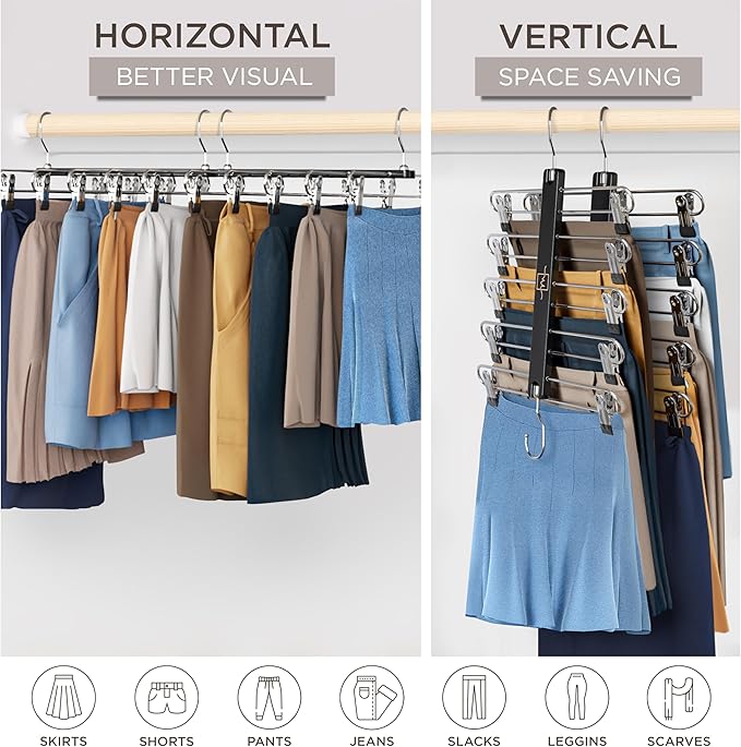 MORALVE Skirt Hangers Space Saving with Clips - 2 Pack - European Beechwood 5-Tier Hanger for Shorts, Skirts, and Pants - Closet Organizer and Storage Solution for Women with 360° Swivel Hook