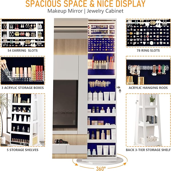 LVSOMT 360° Swivel Jewelry Mirror Cabinet with Lights, Standing Jewelry Armoire Organizer, 63" Rotatable Full-Length Mirror with Jewelry Storage, Lockable with Back Storage Shelve, White