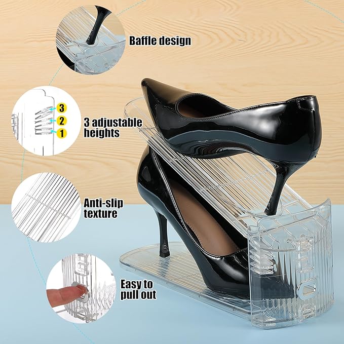 Clear Shoe Slots Organizer with Adjustable Height, Acrylic Closet Stacker Display, Storage Shoe Rack Organizer, Double Layer Holders for Shelf Wardrobe Space Saving(Clear,30 Pack)