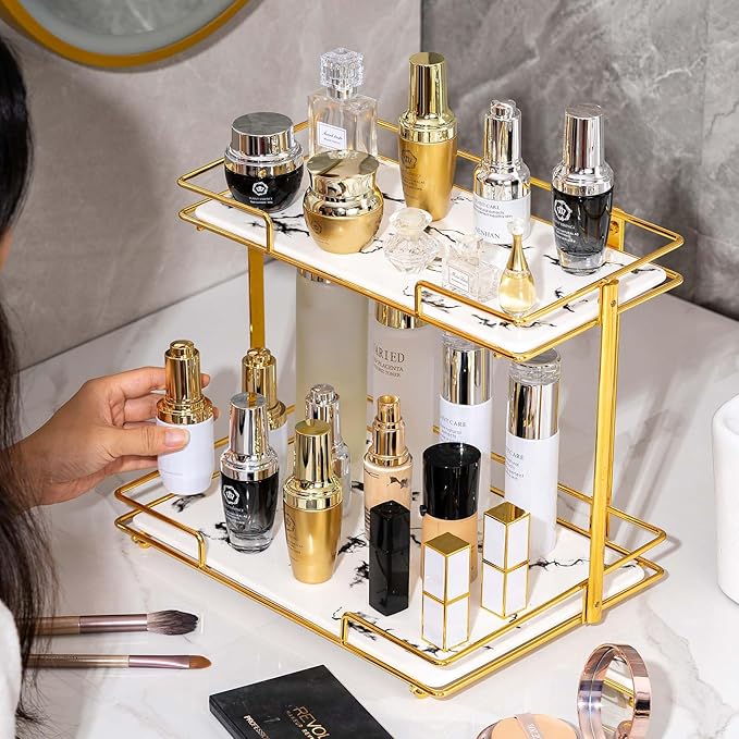 2 Tier Bathroom Cabinet Countertop Organizer Perfume Lipstick Makeup Organizer Cosmetics Storage Display Rack Vanity Tray Metal Dresser Storage Shelf White Marble Ceramic Tray Golden