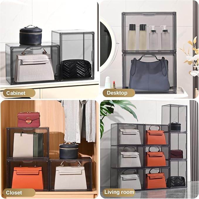 4 Pack Handbag Storage Organizer for Closet, ULENDIS Transparent Gray Acrylic Display Case for Handbag Purse, Stackable Storage Organizer with Magnetic Door for Wallet Book Cosmetic Toys Display