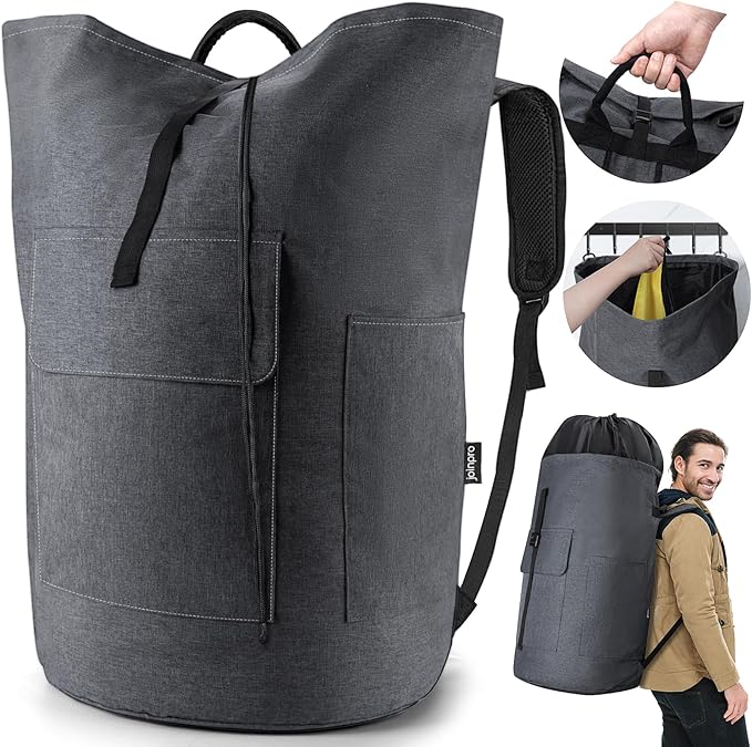 Laundry Bag Backpack, 125L Extra Large Laundry Backpack with Shoulder Straps, Adjustable Extendable Laundry Hamper Bag with 3 Pockets for College, Travel, Camping (Dark Gray)