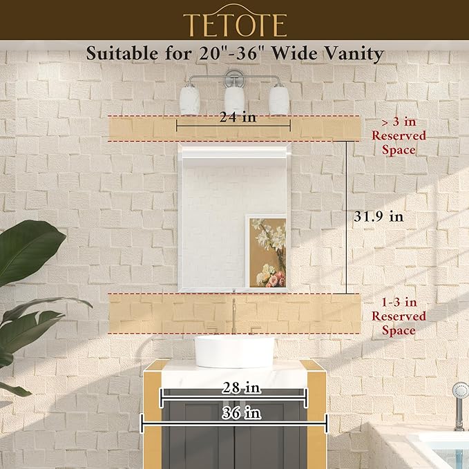 TETOTE 24" x 32" Rectangle Tempered Mirror with Frameless Beveled Edge for Vanity and Bathroom
