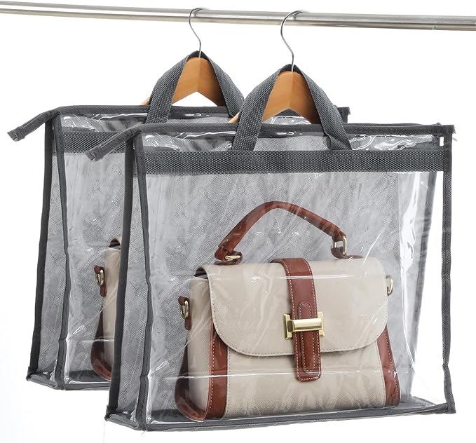 12 Pack Dust Bags for Handbags, Clear Handbag Storage Organizer for Closet, Purse Protector Storage Bag with Zipper and Handle, Hanging Dust Cover Bag for Handbags