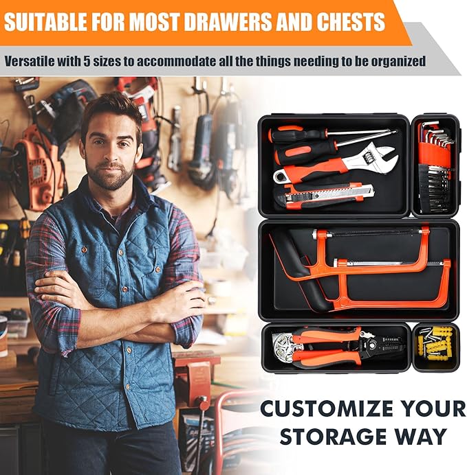 100 Pack Tool Box Organizer and Storage Tool Drawer Organizer Tray Divider 5 Sizes Garage Organization and Storage Black Plastic Tray Bins for Home Office Supplies