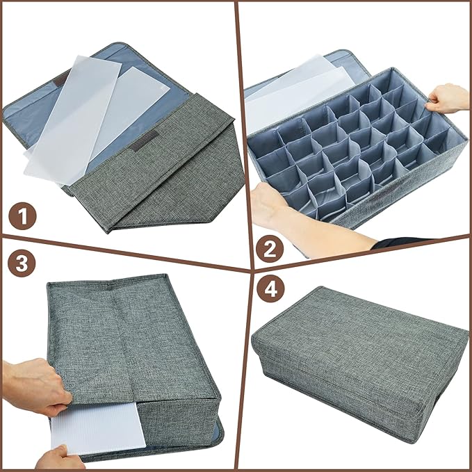 PINGMIC Gray Sock Organizer Divider 2 Pack with Lid - 30 Cell Foldable Closet Storage, Tie Organizer For Men Boxes for Socks, Ties, Belts